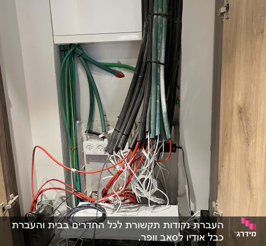 ארון תקשורת עם כבלים ומכשירי רשת שונים